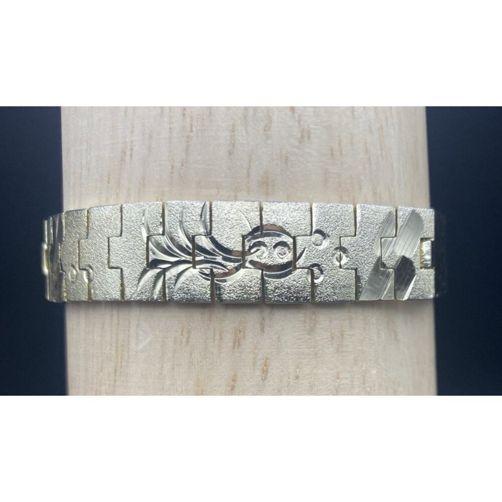 Vintage Gold Plated Link ID Bracelet Etched Fish Floral Signed LC Unisex 7.5x.5" - Picture 6 of 14
